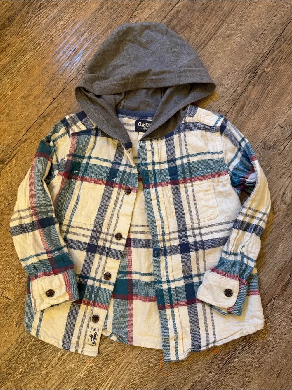 OshKosh B'gosh Plaid Hooded Button-Down Shirt in Cream, Teal, Navy